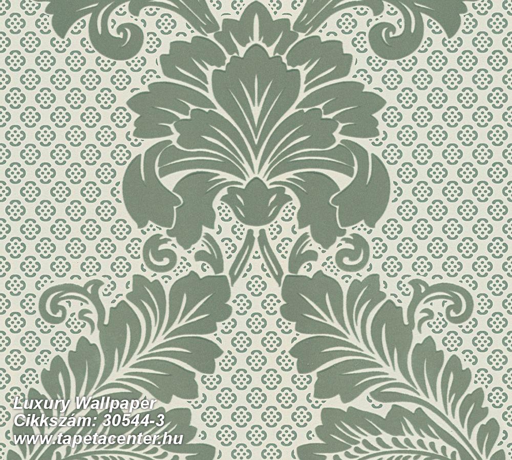 Barokk-klasszikus,különleges felületű,metál-fényes,velúr felületű,zöld,vlies tapéta 